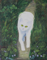 Original Oil Painting by Grace Moore - White Cat Walking Through Greenery