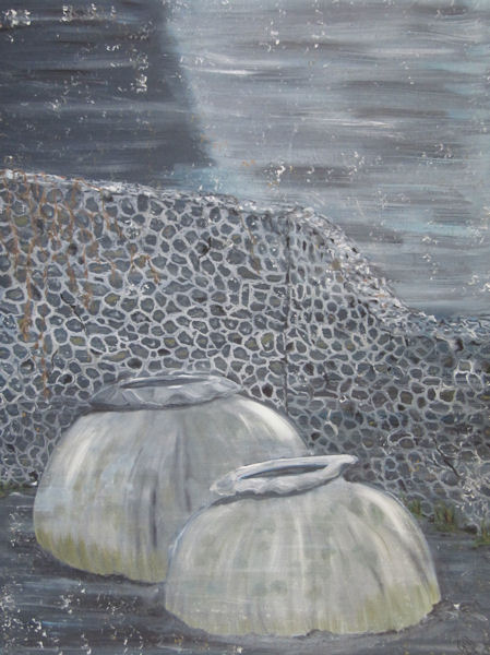 Original Oil Painting -  Gray Pots Among the Ruins