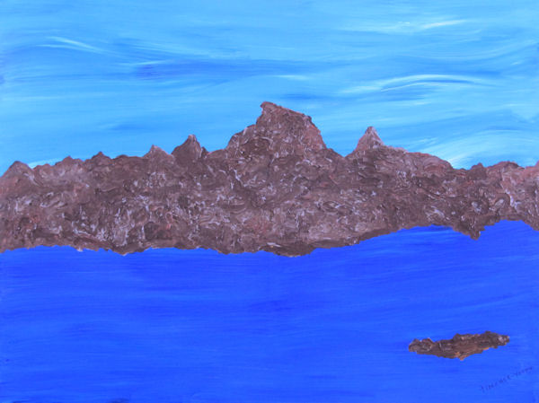Original Painting Stylized Lake and Mountains