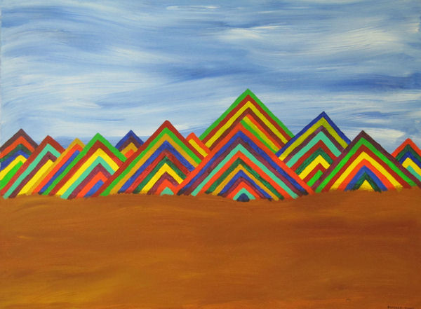 Original Painting Bright Striped Mountains Rising From the Desert