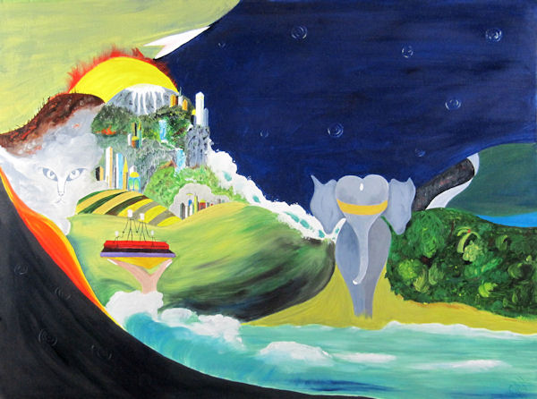 Origninal OIl Painting - Surreal Future with Elephant and Distant Cities