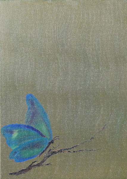 Blue Green Butterfly on a Sand Textured Background
