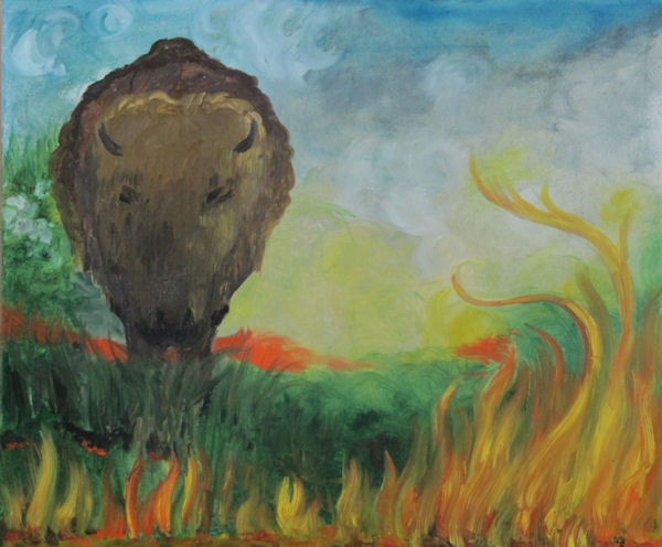 Original Oil Painting by Grace Moore - Buffalo in a Prairie on fire