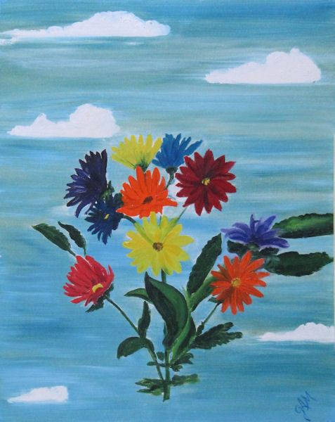 Original Oil Painting by Grace Moore - bouquet of bright flowers in the sky