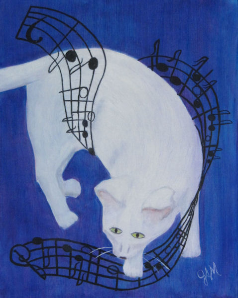 Original Oil Painting by Grace Moore - White Cat with Music Notes on Blue