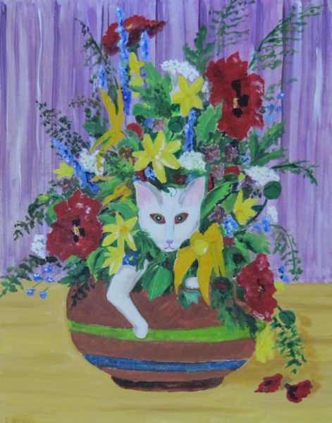 Original Oil Painting by G.A. Moore - White Cat in a Vase of Flowers
