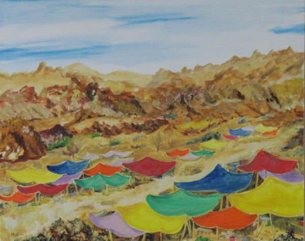 Original Oil by Grace A. Moore - Bright covered stalls in a desert market