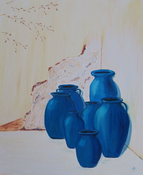 Original Oil Painting by Grace Moore - Eight Blue Pots resting in a corner