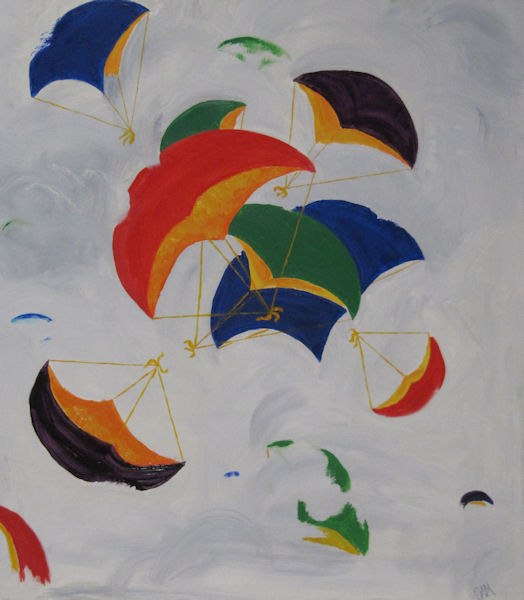 Original OIl Painting by G.A. Moore - primary colored parachutes floating in the clouds