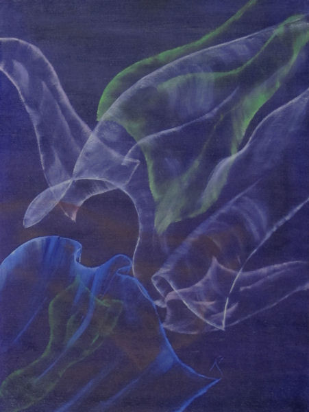 Original Oil by Grace Moore - Curtains or veils blowing in a breeze on blue