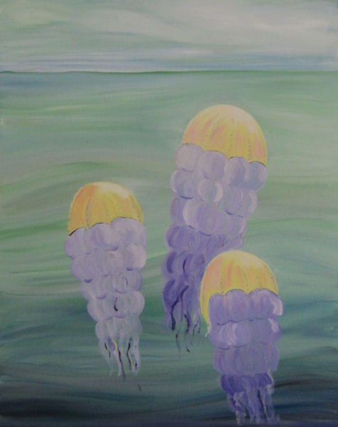 Original Oil Painting by G.A. Moore - Three Jellyfish floating in the ocean