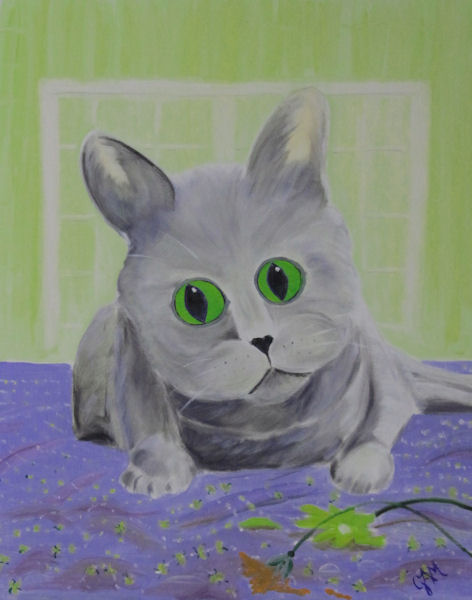 Original Oil Painting by Grace Moore - Gray Cat on a Blue Tablecloth