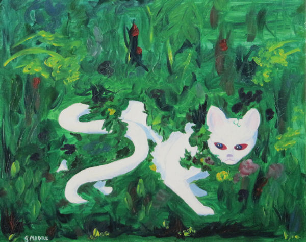 Original Oil Painting by Grace Moore - White Cat in a Green Hedge