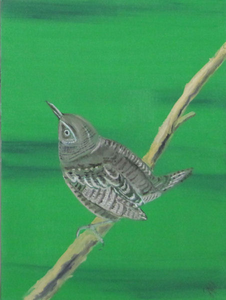 Original Oil Painting by Grace Moore - Small Bird on a Branch on a Green Background