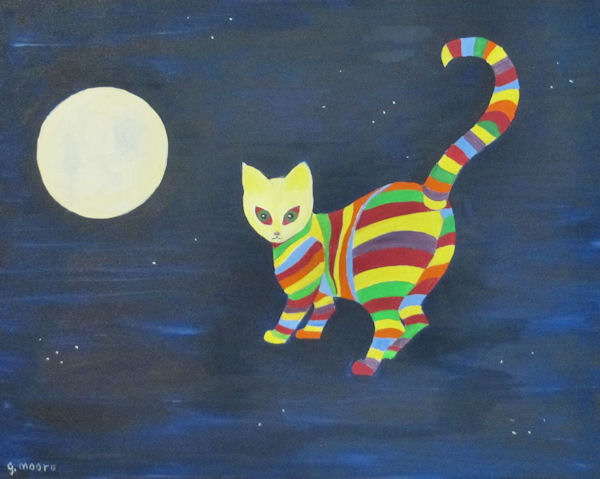 Original Oil by Grace Moore - Striped cat walking in the sky with the moon