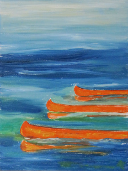Original Oil Painting by Grace Moore - Three Orange Canoes Head Out on Blue Water