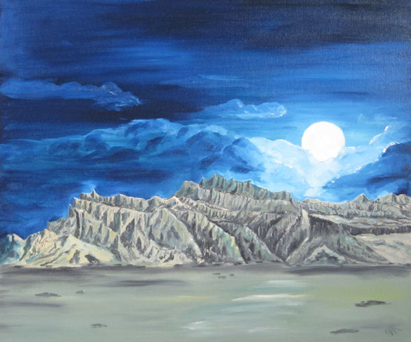 Original Oil Painting by Grace Moore - Rising Moon over Desert Mountains