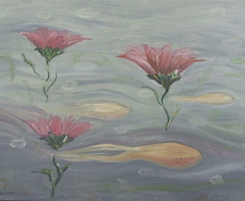 Original Oil by Grace Moore - Stylized golden squid glide between Pink Lotus or Lillies