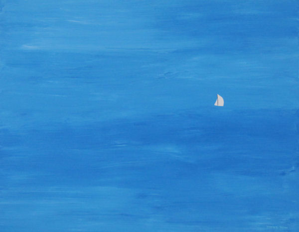 Original Painting by Fincher-Young - Small White Sailboat on Wide Blue Ocean