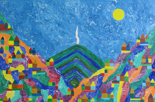 Original Painting by Carol Young - Abstract of Volcano with Bright Mountains