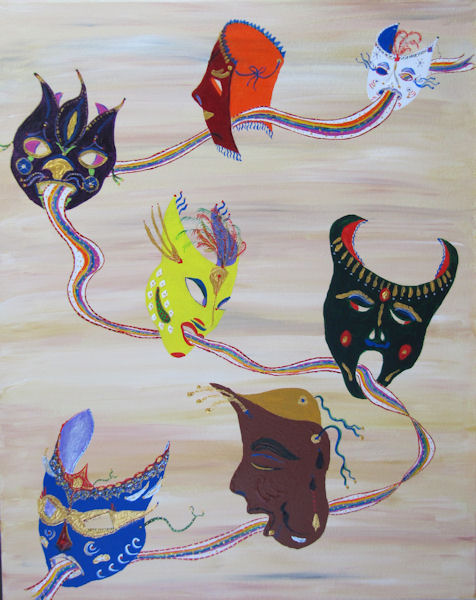Bright Masks Linked by a Ribbon - Acrylic by G.A.Moore