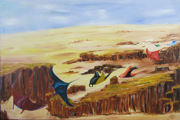 Abstract of Manta Rays Flying over Desert Canyon by G.A. Moore