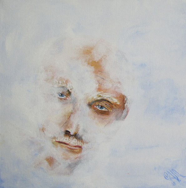 Portrait of Old Man with Blue Eyes in Mist or Clouds